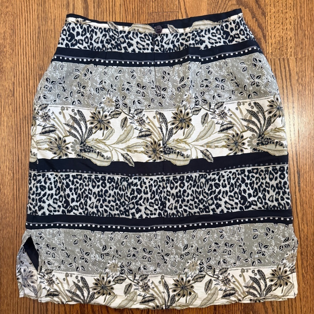 Intriguing Threads Vintage Black Gray Tan Floral Animal Print Skirt Size 10 - Picture 5 of 8